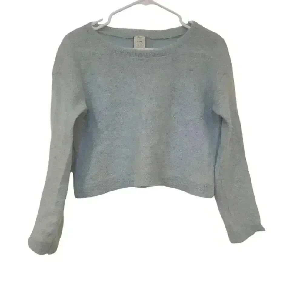 Pinko Tag Women's Blue Mohair/Alpaca/Poly Knit Cropped Crewneck Long Sleeve Swea
